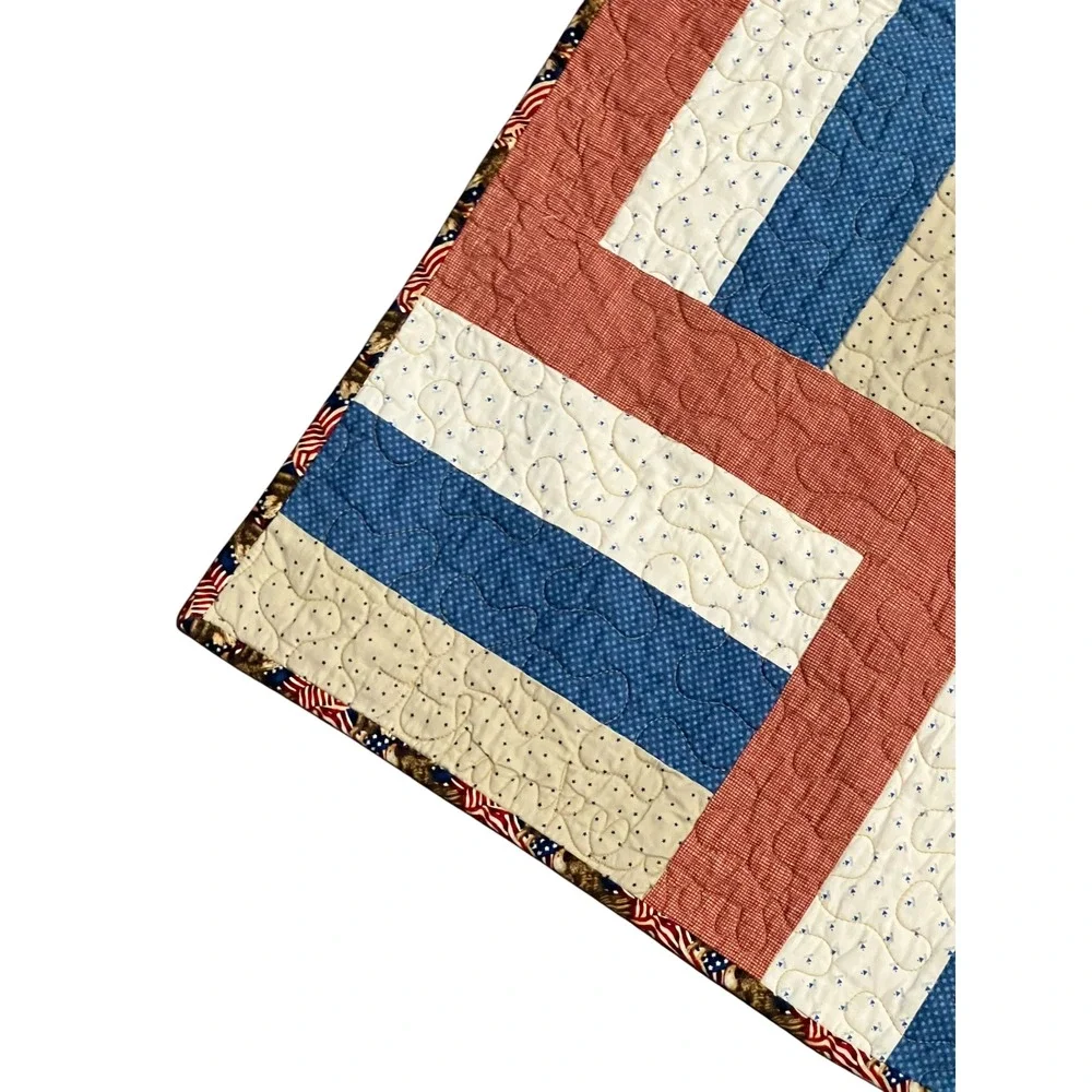 Vintage Patriotic Patchwork Quilt Reversible Americana Heart Twin Topper 69x50